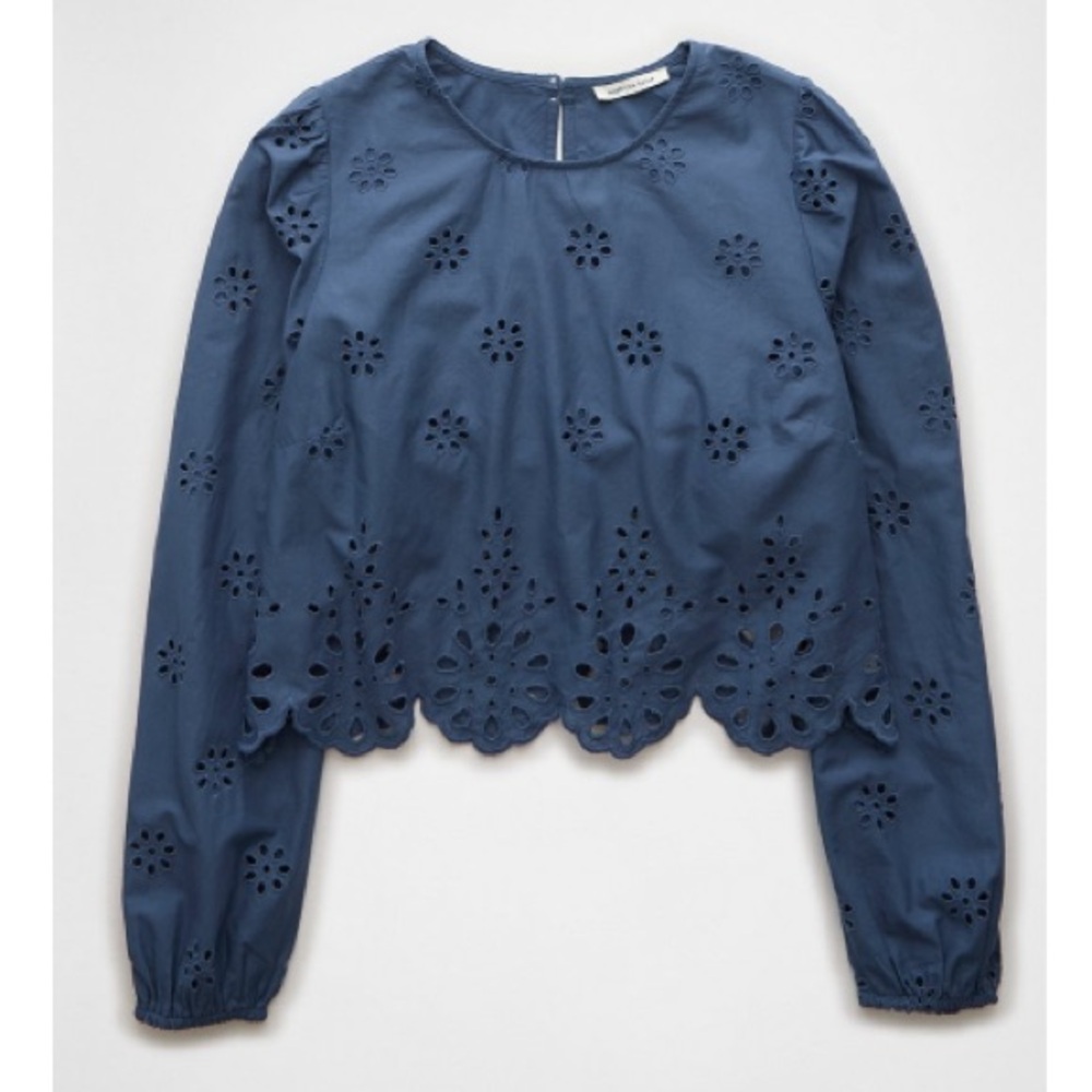 Long-Sleeve High Neck Crop Top, blue with eyelit details. New, never worn
